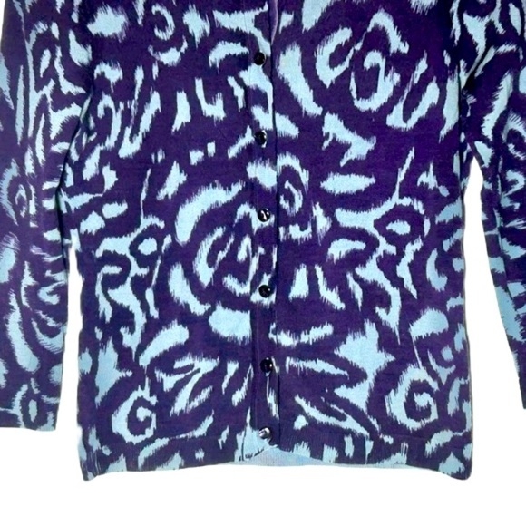 Boden 100% Wool Button-Up Cardigan in Purple & Blue Swirls w/ Suede Placket, 6 - Picture 12 of 16